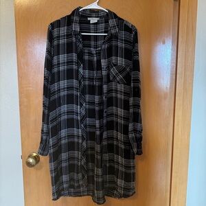 Black Plaid Long-Sleeve Shirt Dress - Casual Button-Front